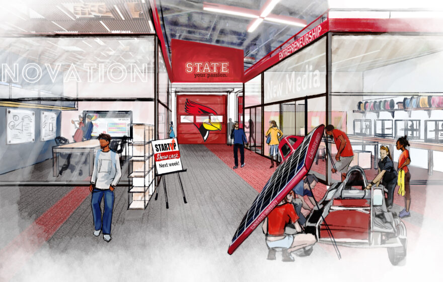 A rendering of the entrance hall to the hub's makerspace